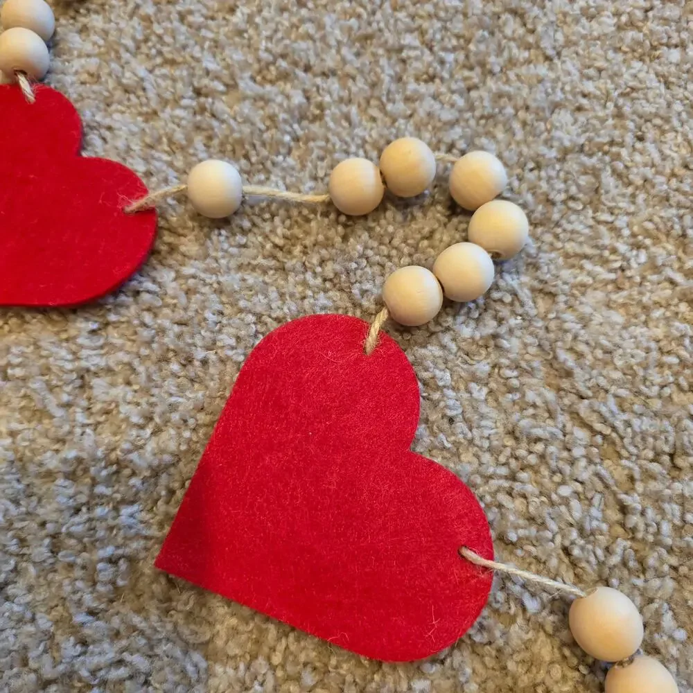 Felt hearts and wooden bead garland on twine 4.2ft long